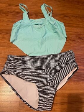 Mint Green Tank Swim Top with Black & White Striped High-Waist Bottoms
